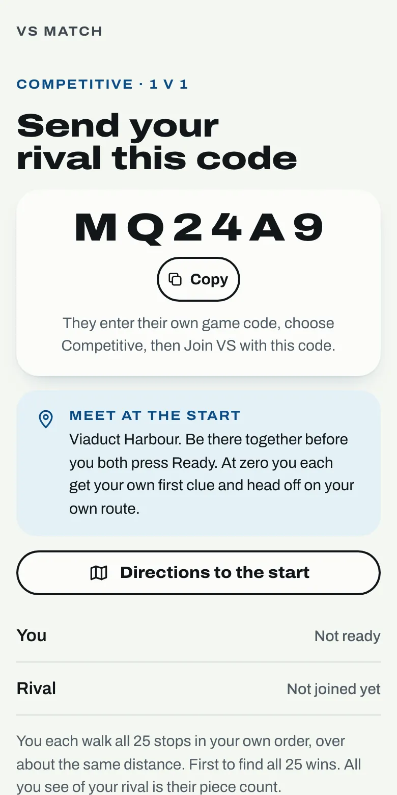 The VS match screen: send your rival this code, a 6-character match code with a Copy button, meet at the start at Viaduct Harbour, and both players not ready yet