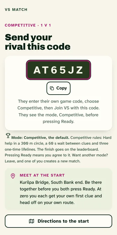 The VS match screen: send your rival this code, a 6-character match code with a Copy button, meet at the start, with you not ready and your rival not joined yet